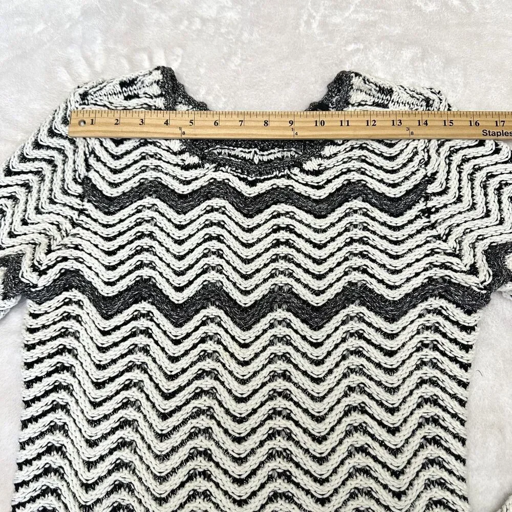 Etcetera Women's Black White Chevron Knit Cotton Blend Long Sleeve Sweater Sz M